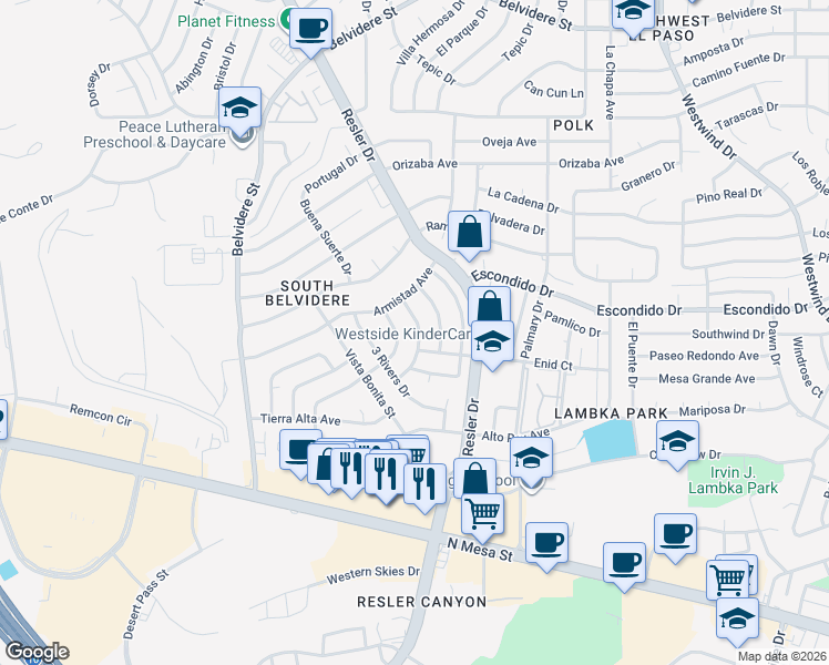 map of restaurants, bars, coffee shops, grocery stores, and more near 300 Rio Verde Drive in El Paso