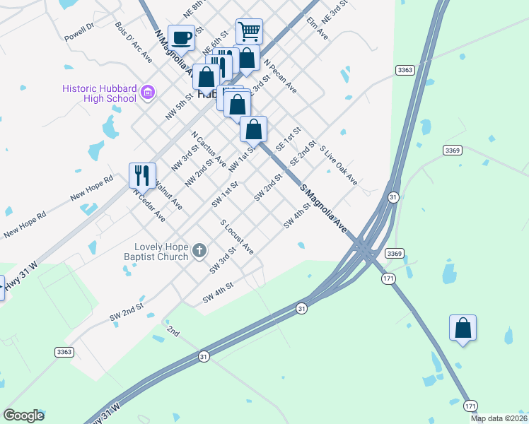 map of restaurants, bars, coffee shops, grocery stores, and more near 306 Southwest 3rd Street in Hubbard