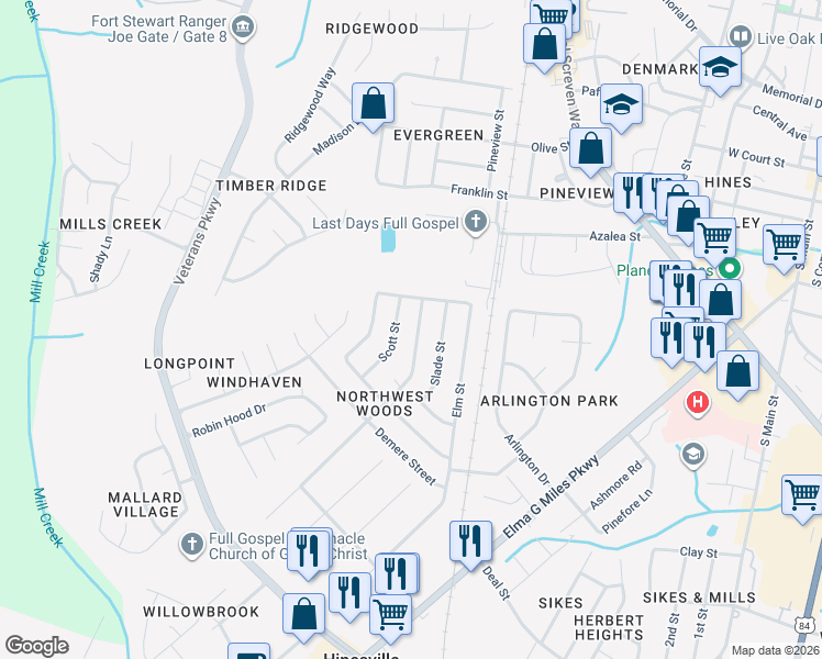 map of restaurants, bars, coffee shops, grocery stores, and more near 621 Oak Street in Hinesville