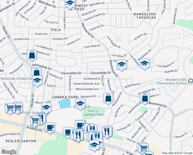 map of restaurants, bars, coffee shops, grocery stores, and more near 6620 Southwind Drive in El Paso