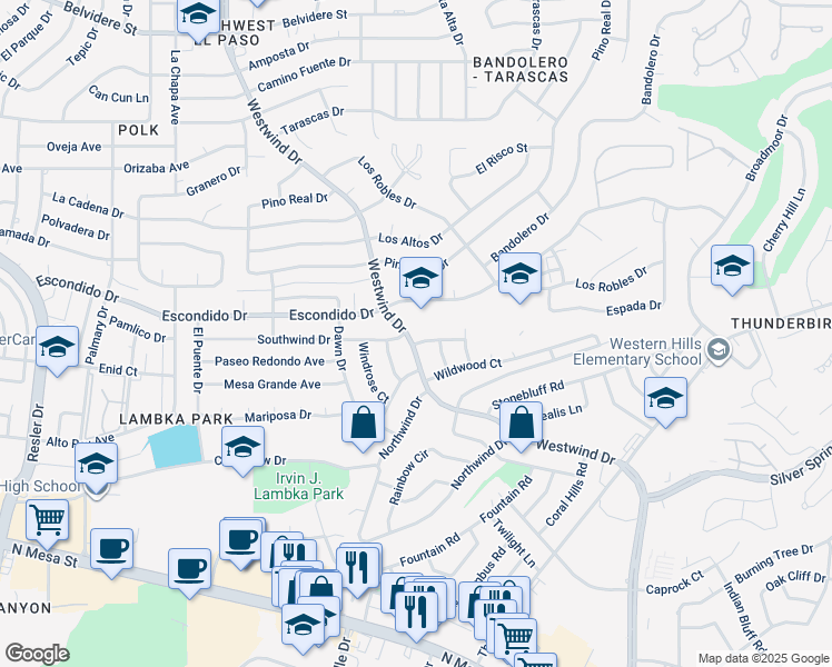 map of restaurants, bars, coffee shops, grocery stores, and more near 6500 Westwind Drive in El Paso