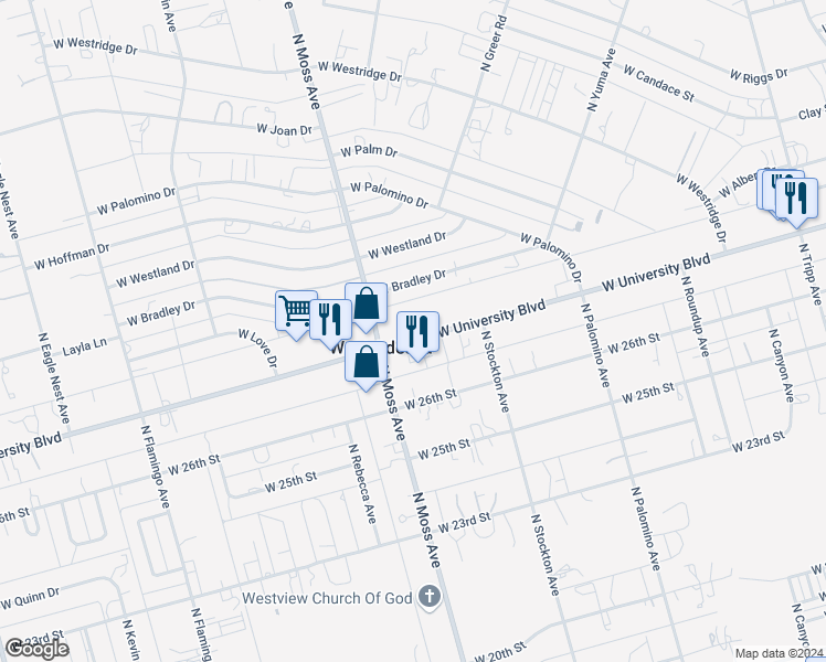 map of restaurants, bars, coffee shops, grocery stores, and more near 10156 West University Boulevard in Odessa