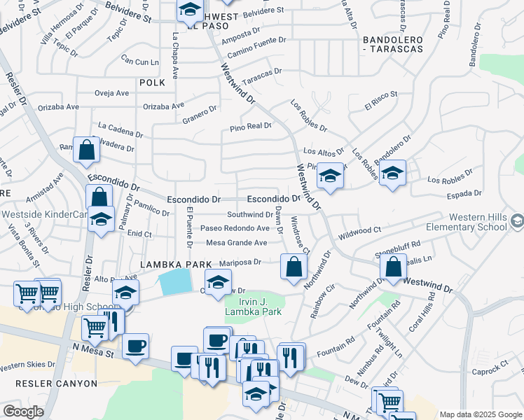 map of restaurants, bars, coffee shops, grocery stores, and more near 6620 Southwind Drive in El Paso