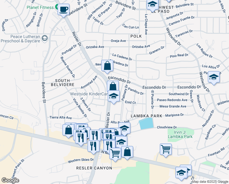 map of restaurants, bars, coffee shops, grocery stores, and more near 314 North Resler Drive in El Paso