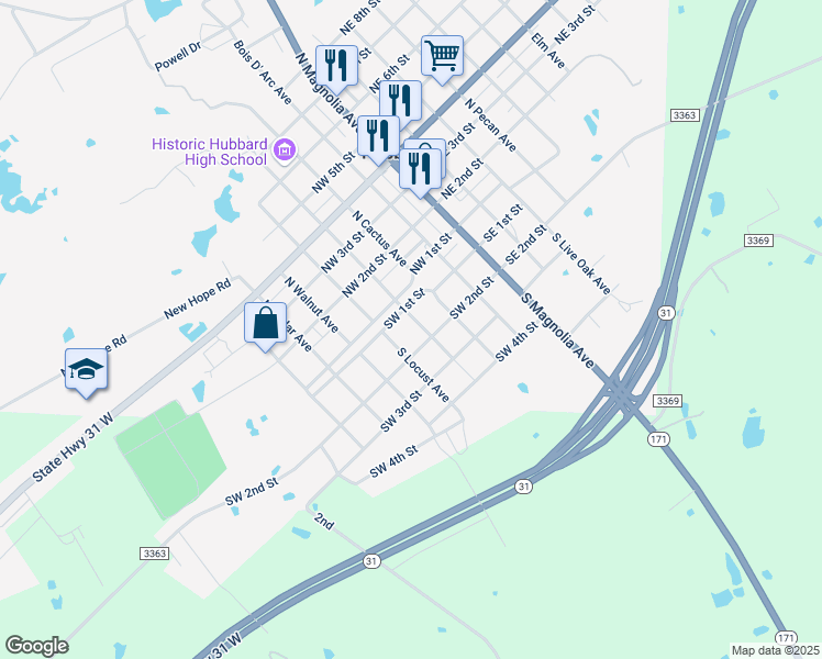 map of restaurants, bars, coffee shops, grocery stores, and more near 406 Southwest 2nd Street in Hubbard