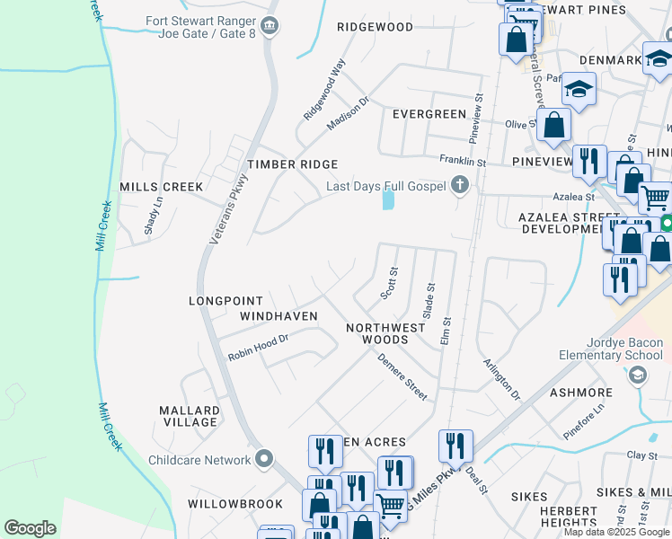 map of restaurants, bars, coffee shops, grocery stores, and more near 659 Windhaven Drive in Hinesville