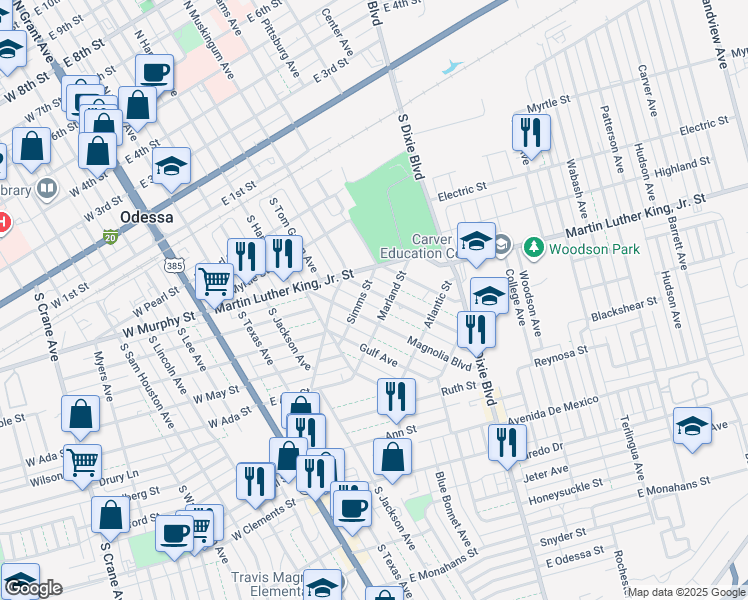 map of restaurants, bars, coffee shops, grocery stores, and more near 700-702 Magnolia Boulevard in Odessa