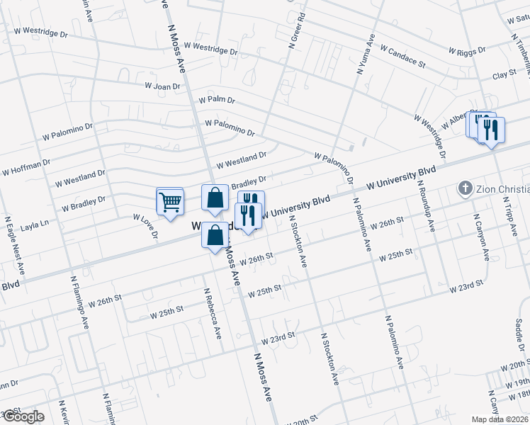 map of restaurants, bars, coffee shops, grocery stores, and more near 10119 West University Boulevard in Odessa