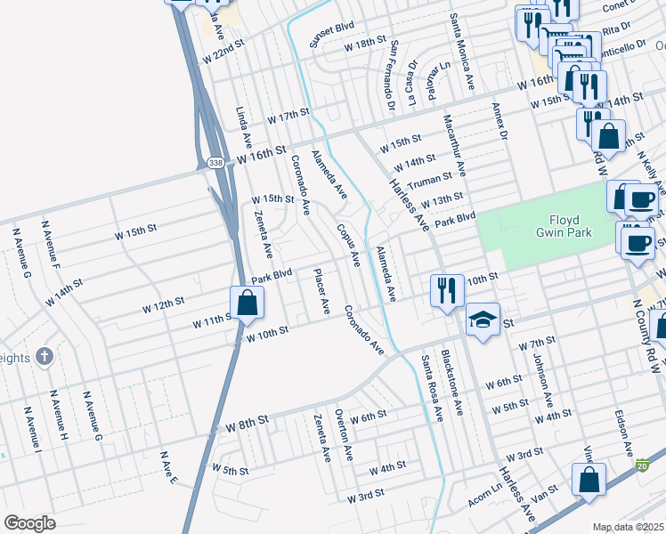 map of restaurants, bars, coffee shops, grocery stores, and more near 1104 Coronado Avenue in Odessa