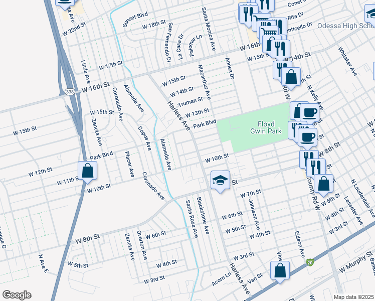 map of restaurants, bars, coffee shops, grocery stores, and more near 2512 West 11th Street in Odessa