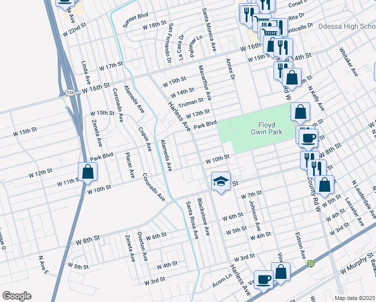 map of restaurants, bars, coffee shops, grocery stores, and more near 2500 West 10th Street in Odessa