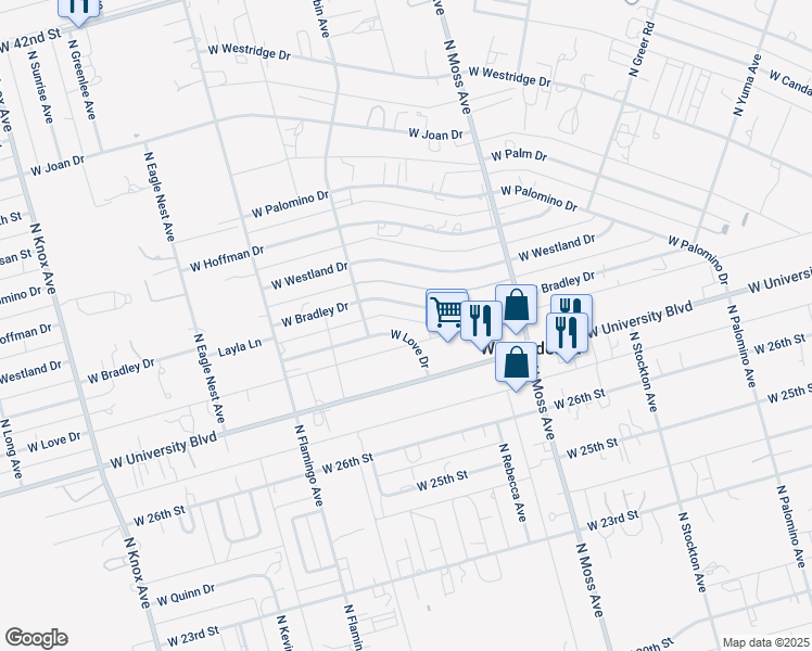 map of restaurants, bars, coffee shops, grocery stores, and more near 10603 West Bradley Drive in Odessa