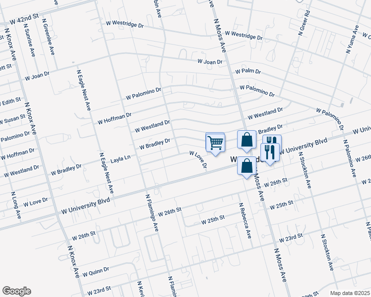 map of restaurants, bars, coffee shops, grocery stores, and more near 10603-10645 West Bradley Drive in Odessa