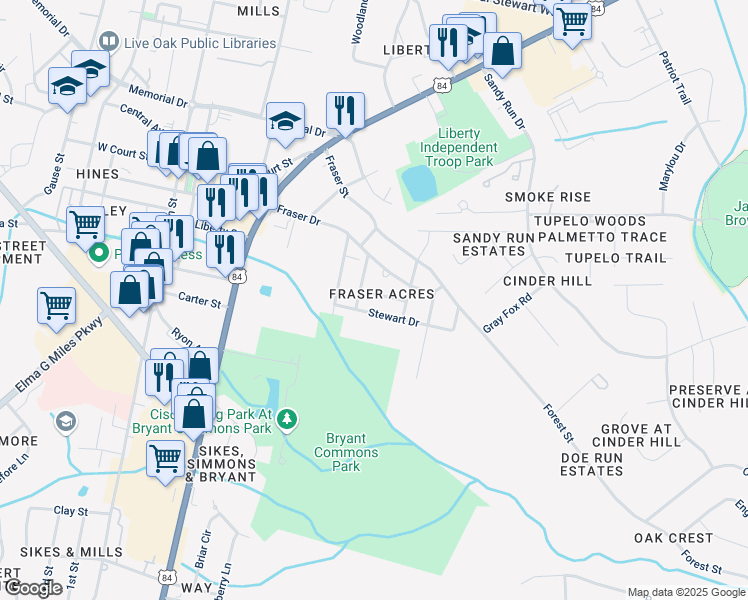 map of restaurants, bars, coffee shops, grocery stores, and more near 405 Patton Road in Hinesville