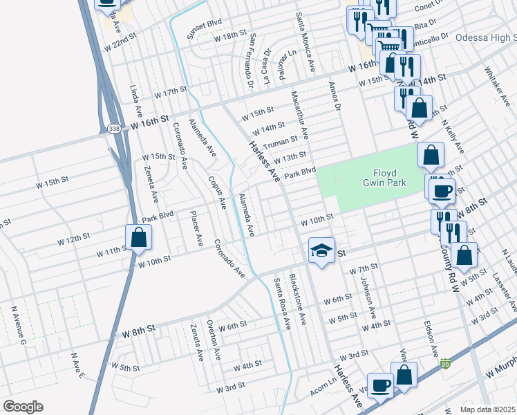 map of restaurants, bars, coffee shops, grocery stores, and more near 1113 Santa Rosa Avenue in Odessa