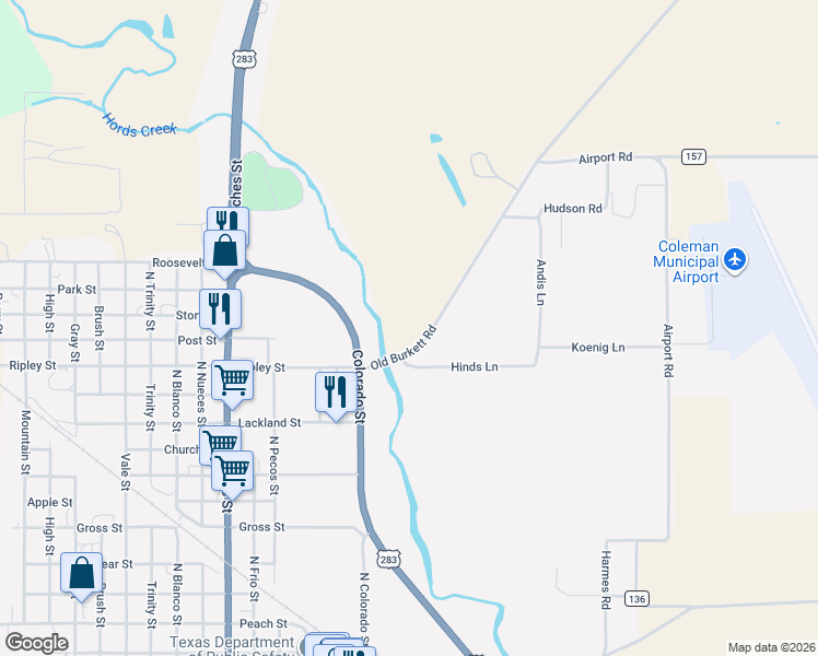 map of restaurants, bars, coffee shops, grocery stores, and more near in Coleman