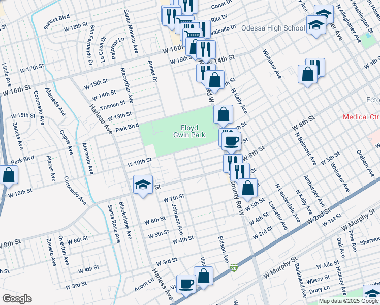 map of restaurants, bars, coffee shops, grocery stores, and more near 2107 West 10th Street in Odessa