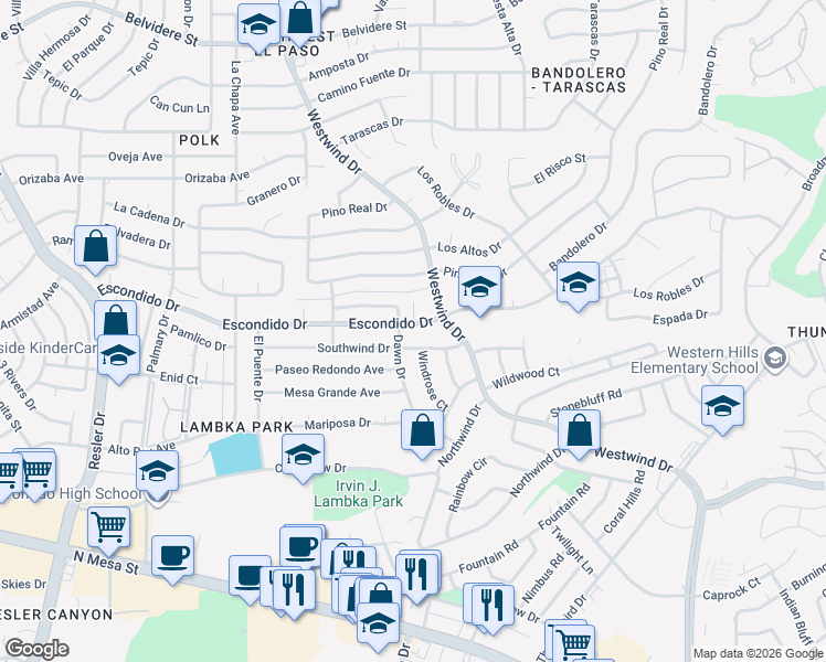 map of restaurants, bars, coffee shops, grocery stores, and more near 6616 Dawn Drive in El Paso