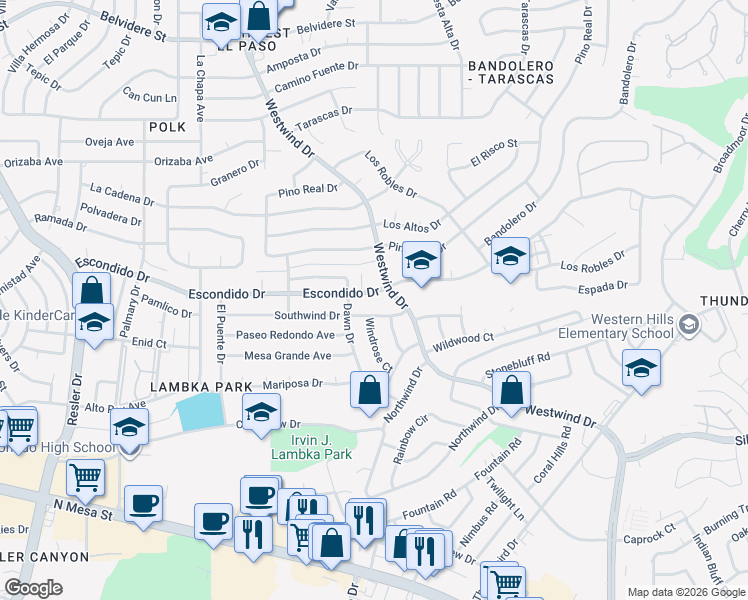 map of restaurants, bars, coffee shops, grocery stores, and more near 6500 Escondido Drive in El Paso
