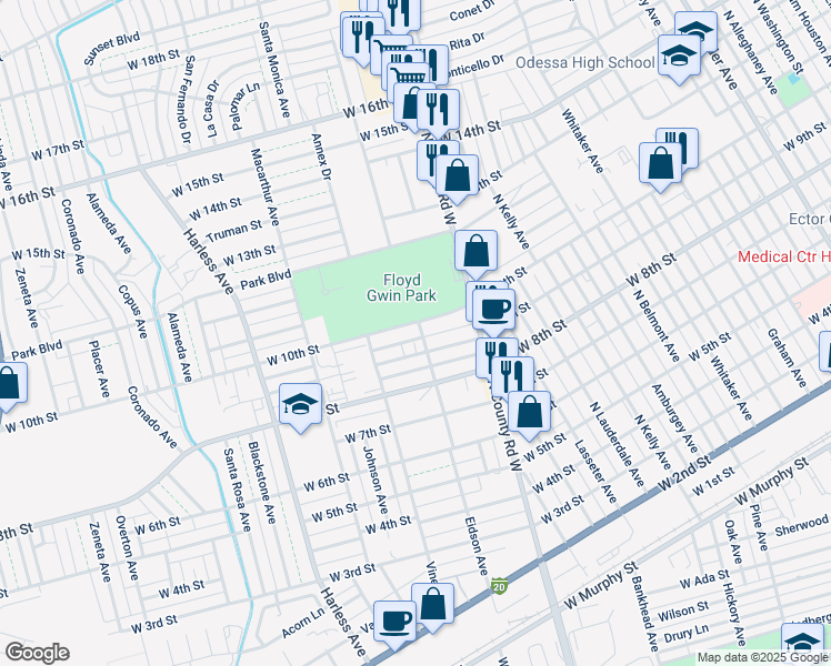map of restaurants, bars, coffee shops, grocery stores, and more near 2107 West 10th Street in Odessa