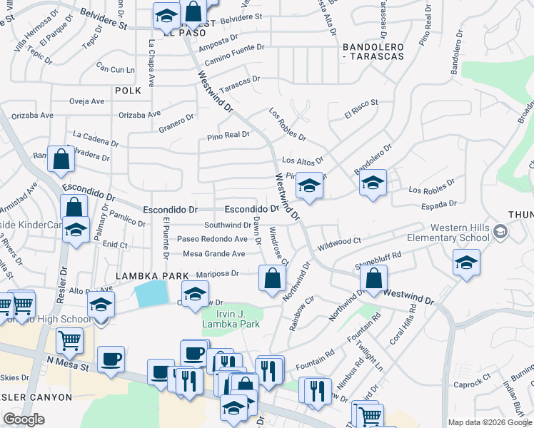 map of restaurants, bars, coffee shops, grocery stores, and more near 6616 Dawn Drive in El Paso