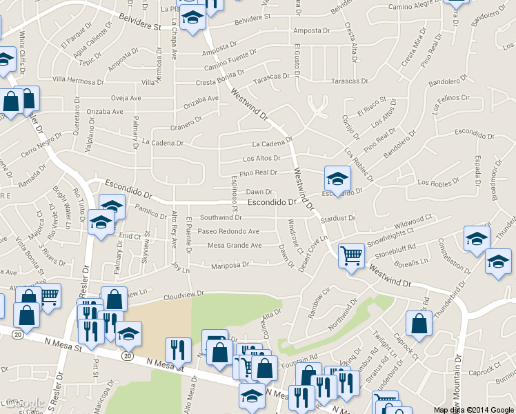 map of restaurants, bars, coffee shops, grocery stores, and more near 6634A Dawn Drive in El Paso