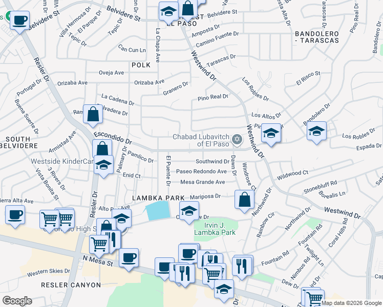 map of restaurants, bars, coffee shops, grocery stores, and more near 6700 Escondido Drive in El Paso