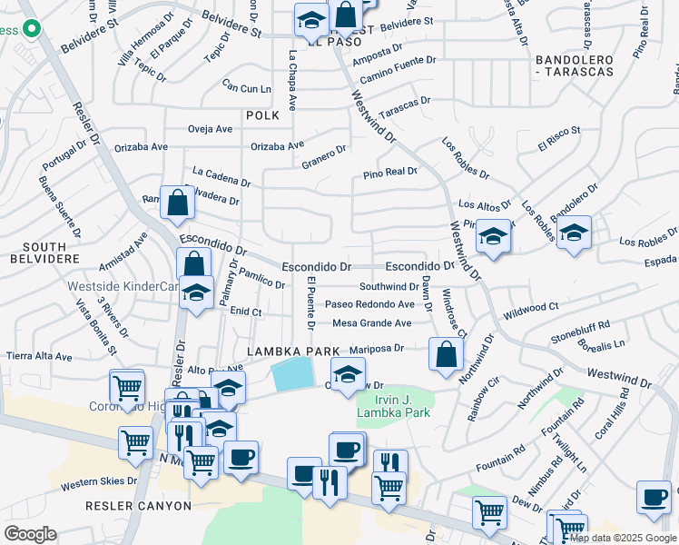map of restaurants, bars, coffee shops, grocery stores, and more near 6812 Escondido Drive in El Paso