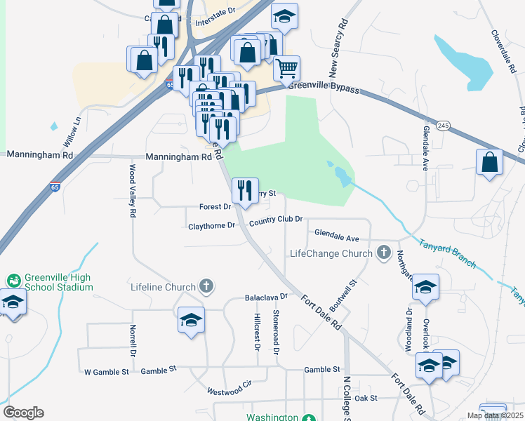 map of restaurants, bars, coffee shops, grocery stores, and more near 711-717 N Perry St in Greenville