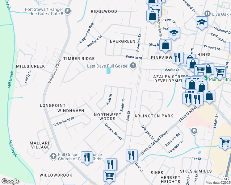 map of restaurants, bars, coffee shops, grocery stores, and more near 625 Oak Street in Hinesville