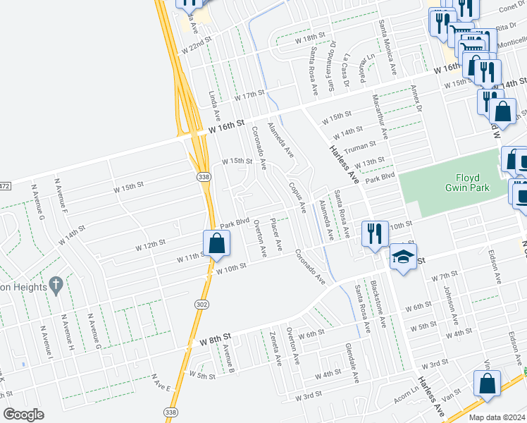 map of restaurants, bars, coffee shops, grocery stores, and more near 3004 Park Boulevard in Odessa