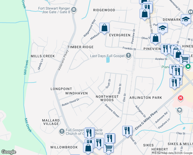 map of restaurants, bars, coffee shops, grocery stores, and more near 668 Windhaven Drive in Hinesville