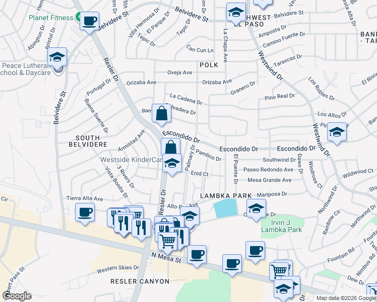 map of restaurants, bars, coffee shops, grocery stores, and more near 350 Villa Canto Street in El Paso