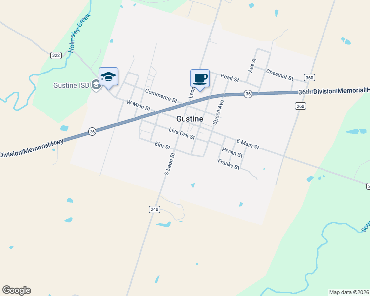 map of restaurants, bars, coffee shops, grocery stores, and more near 106 East Elm in Gustine