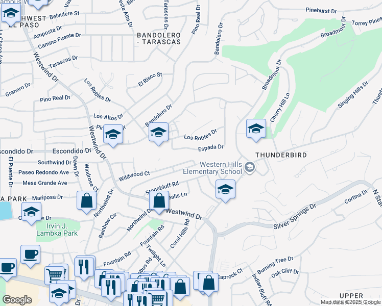 map of restaurants, bars, coffee shops, grocery stores, and more near 727 Espada Drive in El Paso