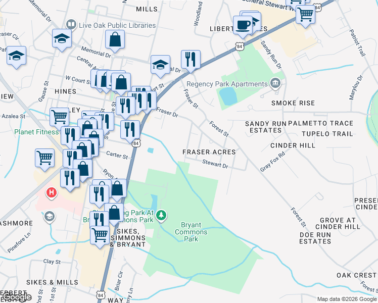 map of restaurants, bars, coffee shops, grocery stores, and more near 414 Rogers Road in Hinesville