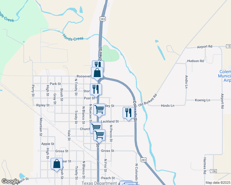 map of restaurants, bars, coffee shops, grocery stores, and more near 1401 U.S. 84 in Coleman