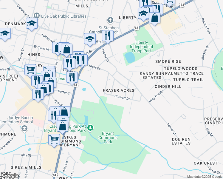 map of restaurants, bars, coffee shops, grocery stores, and more near 414 Patton Road in Hinesville