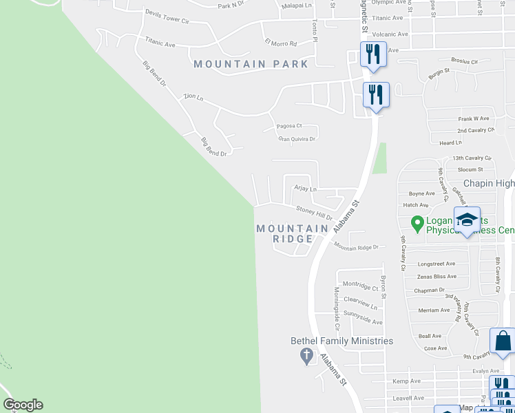 map of restaurants, bars, coffee shops, grocery stores, and more near 7409 Big Bend Drive in El Paso