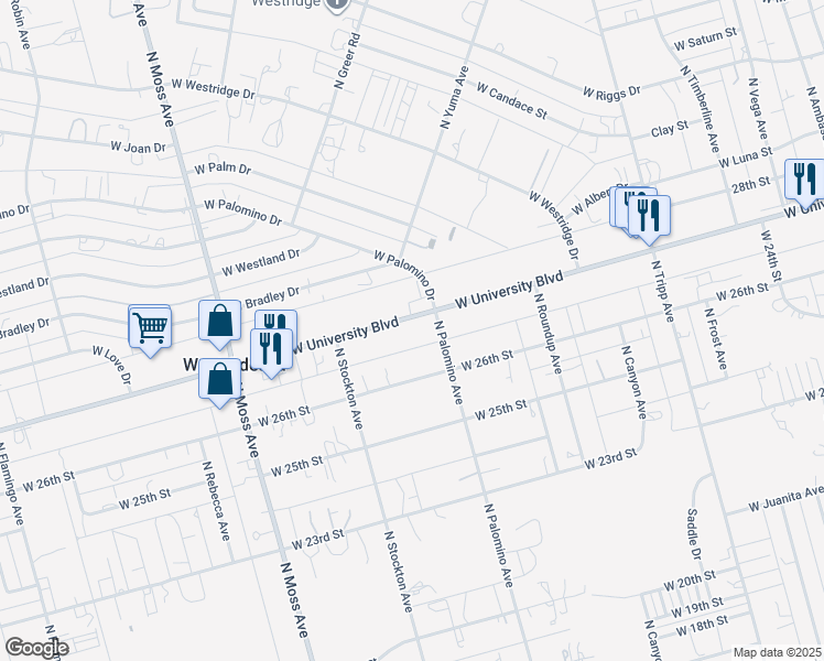 map of restaurants, bars, coffee shops, grocery stores, and more near 9827 West University Boulevard in Odessa
