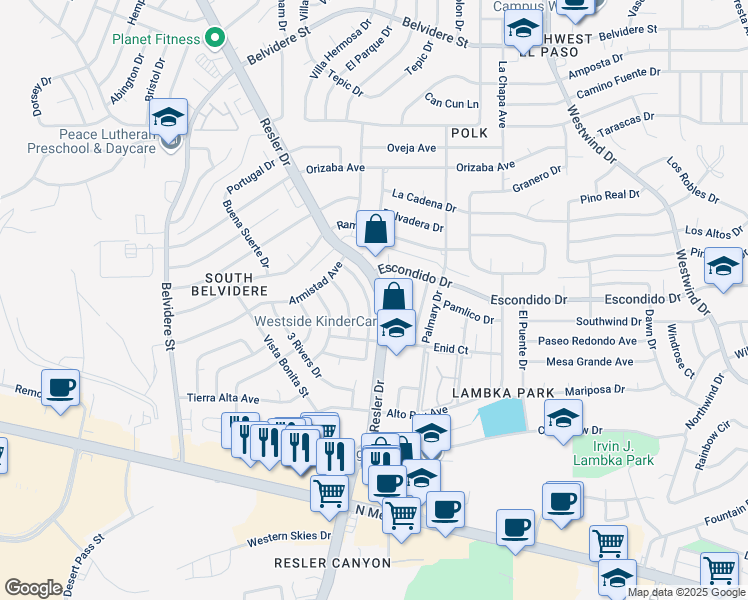 map of restaurants, bars, coffee shops, grocery stores, and more near 336 Rio Tinto Drive in El Paso