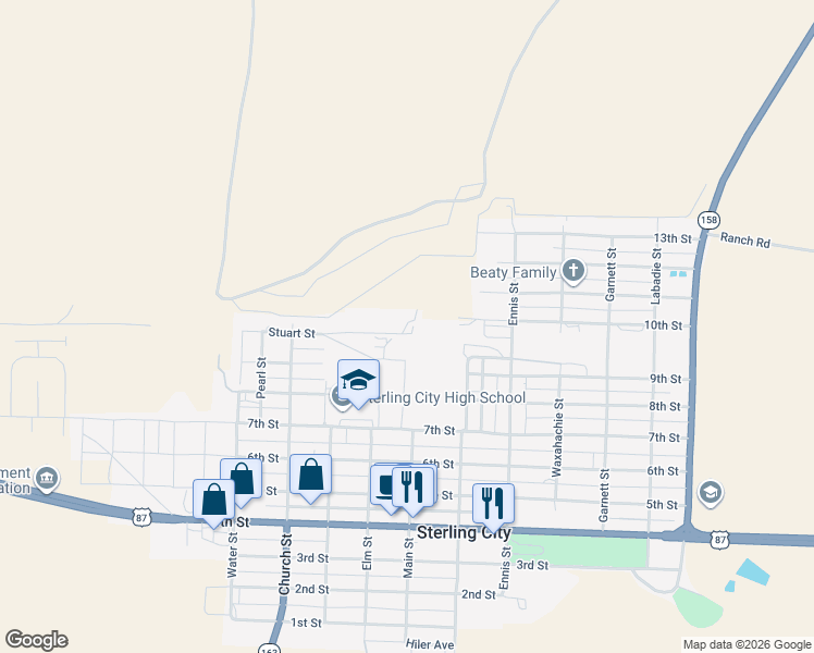 map of restaurants, bars, coffee shops, grocery stores, and more near in Sterling City