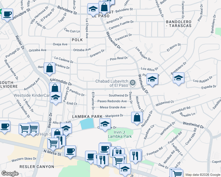 map of restaurants, bars, coffee shops, grocery stores, and more near 6700 Escondido Drive in El Paso