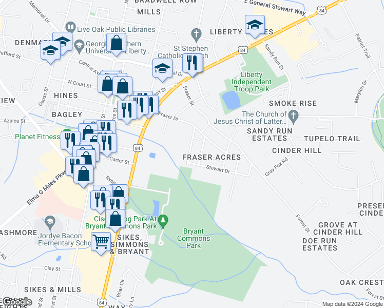 map of restaurants, bars, coffee shops, grocery stores, and more near 415 Rogers Road in Hinesville