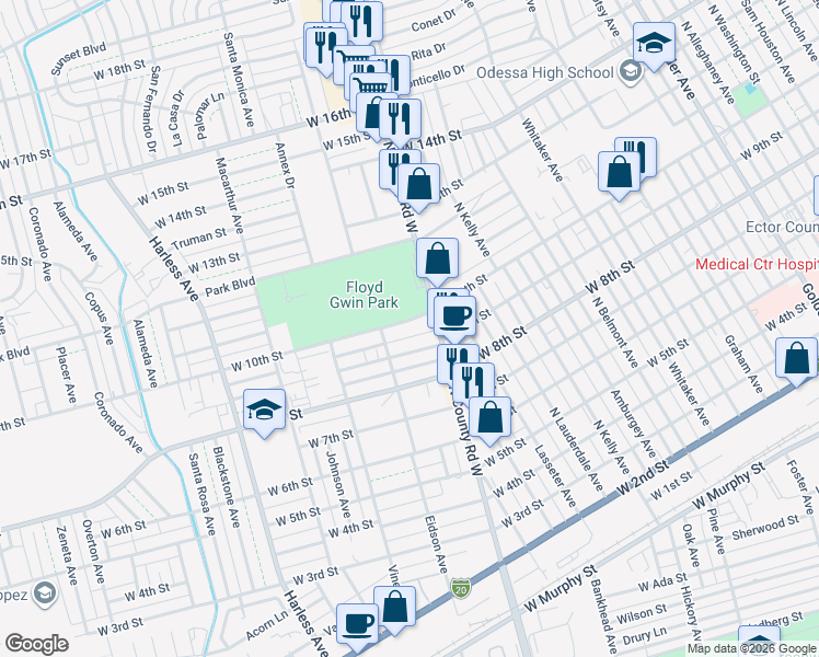 map of restaurants, bars, coffee shops, grocery stores, and more near 2000-2098 W 10th St in Odessa