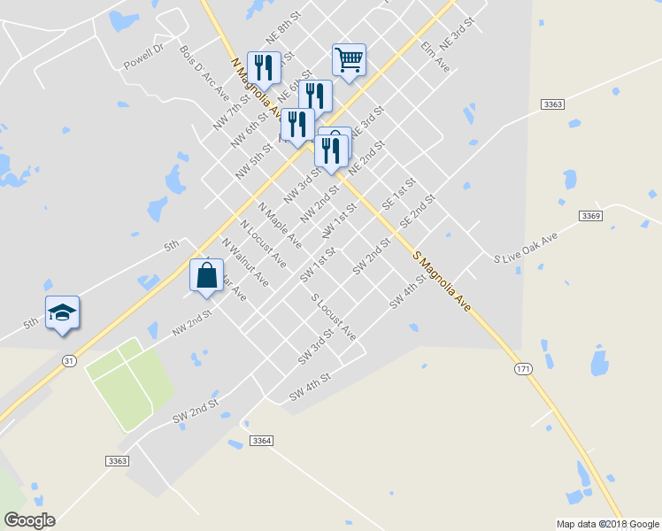 map of restaurants, bars, coffee shops, grocery stores, and more near 307 Southwest 1st Street in Hubbard