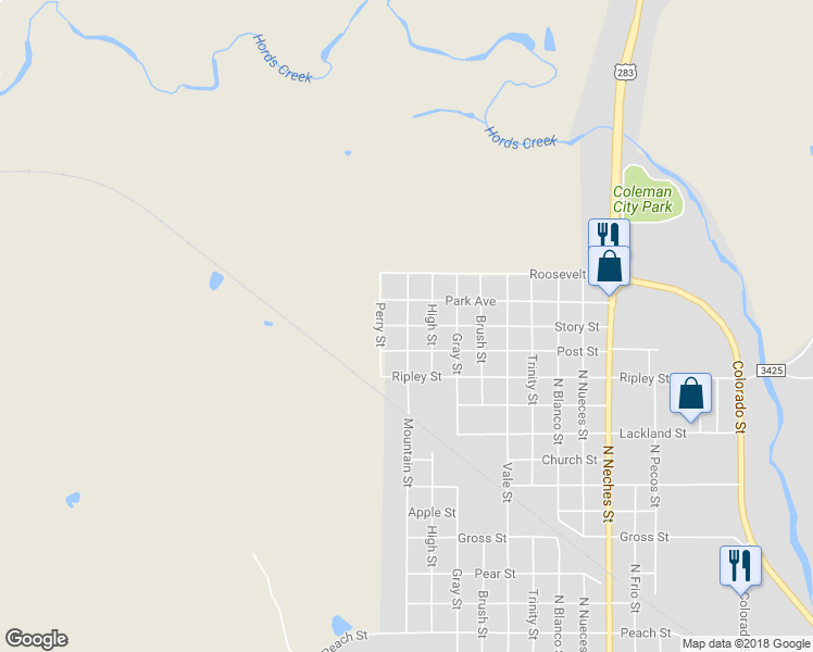 map of restaurants, bars, coffee shops, grocery stores, and more near 1400 Mountain Street in Coleman
