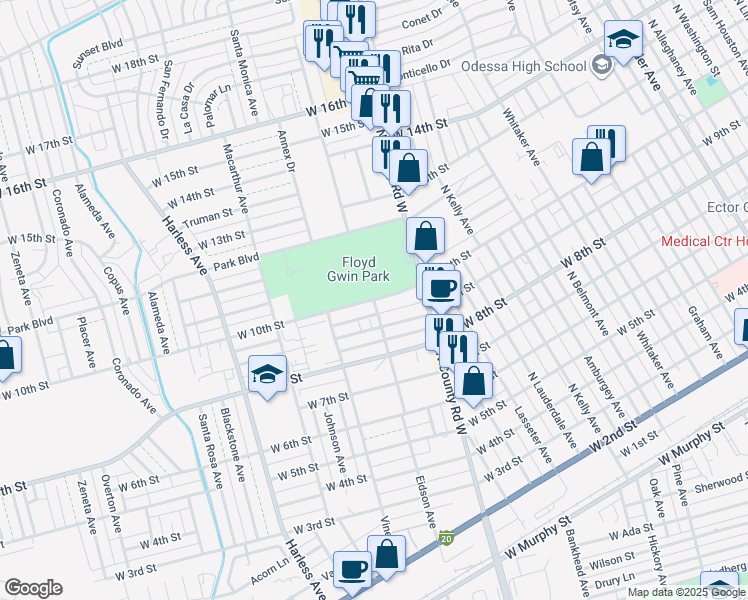 map of restaurants, bars, coffee shops, grocery stores, and more near 2098 West 10th Street in Odessa