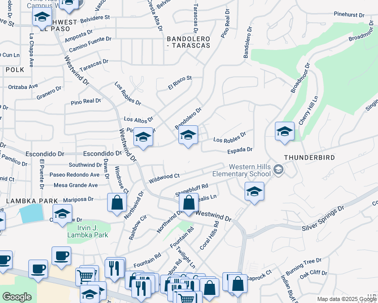 map of restaurants, bars, coffee shops, grocery stores, and more near 6280 Los Robles Drive in El Paso