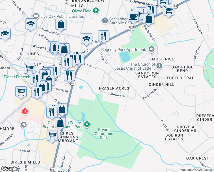 map of restaurants, bars, coffee shops, grocery stores, and more near 405 Patton Road in Hinesville